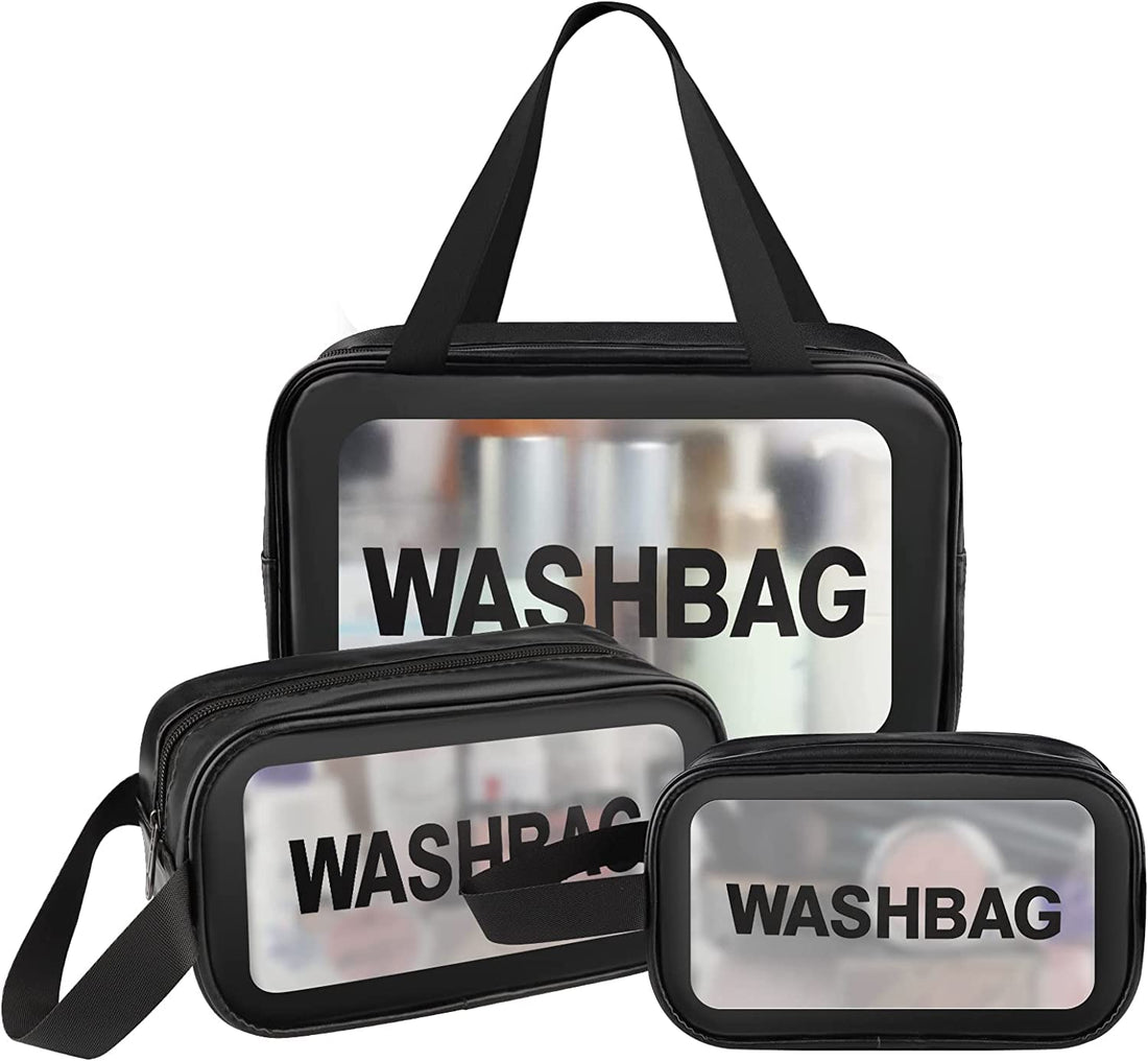 Wash Bag Clear Makeup Pouch Cosmetic Organizer Bag for Women and Girls Travel Waterproof Toiletry Storage Kit Organizer Makeup Pouch for Cosmetics Brushes Accessories (3 PCS Set, Black),