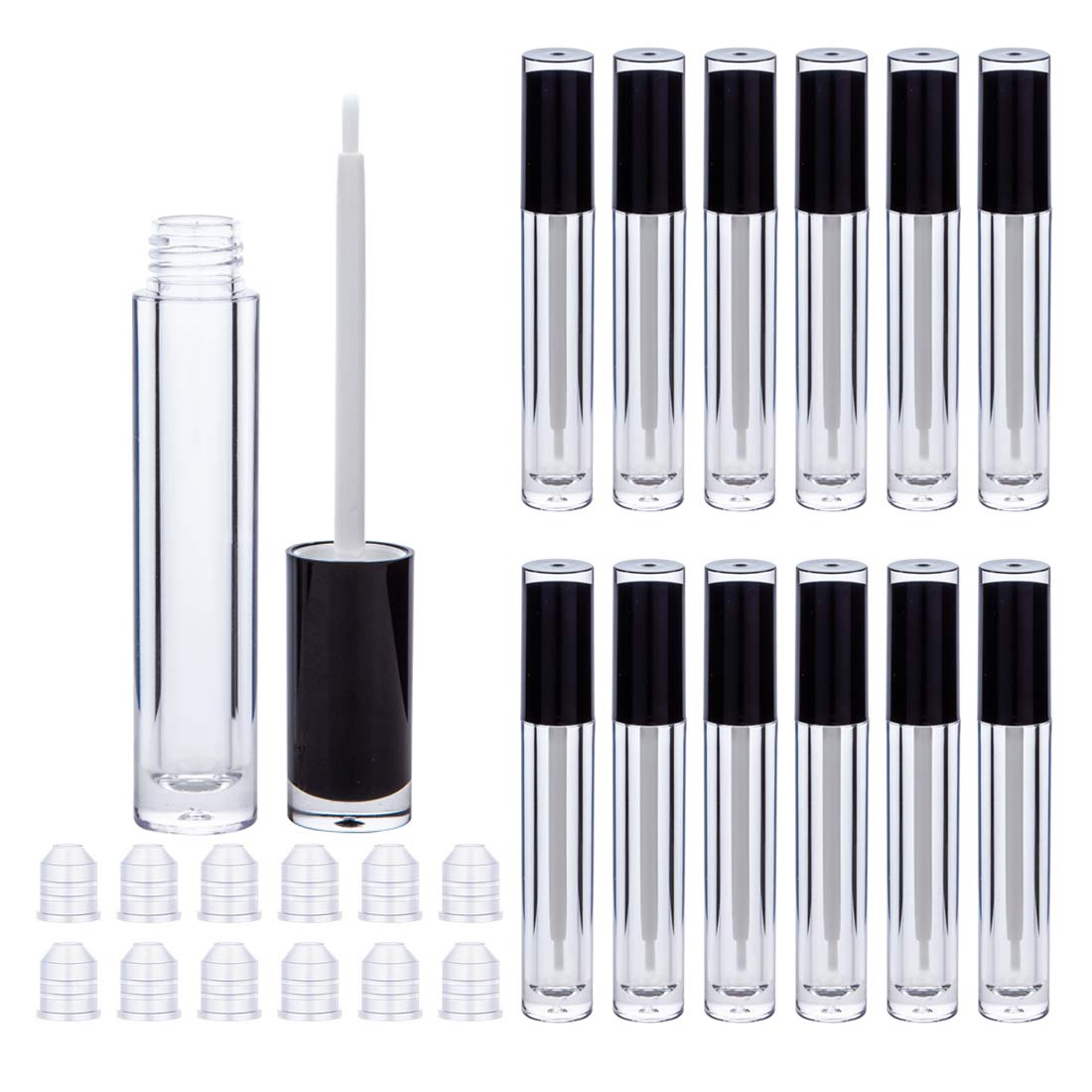 Lip Gloss Brush Wand Tubes, 12 Pack 5ml Containers with Wand, Black Tubes with Rubber Stoppers for DIY Lip Balm