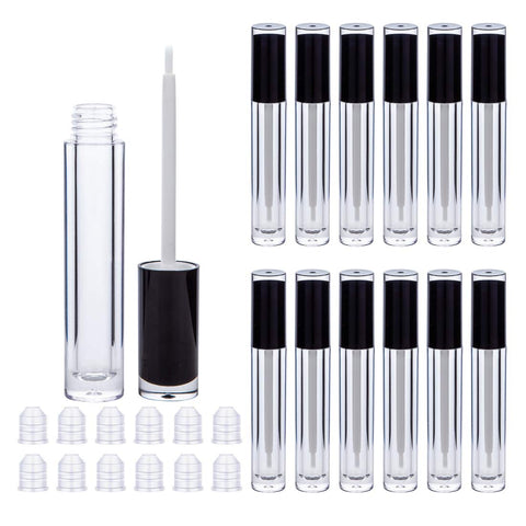Lip Gloss Brush Wand Tubes, 12 Pack 5ml Containers with Wand, Black Tubes with Rubber Stoppers for DIY Lip Balm