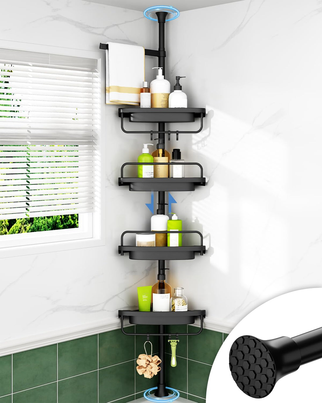 ALLZONE Rustproof Shower Caddy Corner for Bathroom,Bathtub Storage Organizer for Shampoo Accessories,4-Tier Adjustable Shelves with Tension Pole, 39 to 113 Inch, Black