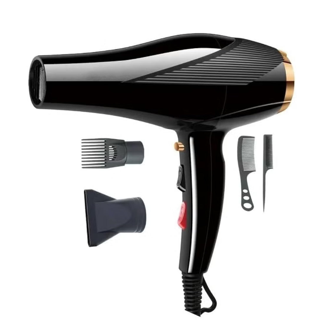 Professional Hair Dryer, Black, 2600W, Negative Ion Humidifier, Independent Hot & Cold Air Control, Includes 2 Focus Nozzles and 2 Combs