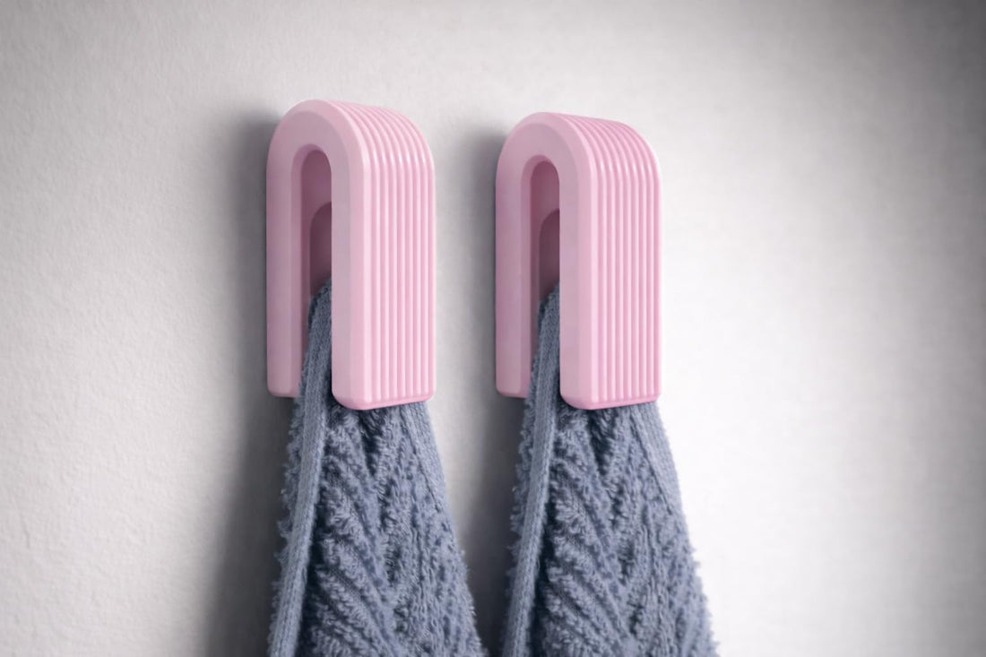 Modern Auto Locking Towel Hook, Arch Shape, Ribbed Minimalist Design, Self-Adhesive Wall Hanger, 2 Pieces (Powder Pink)