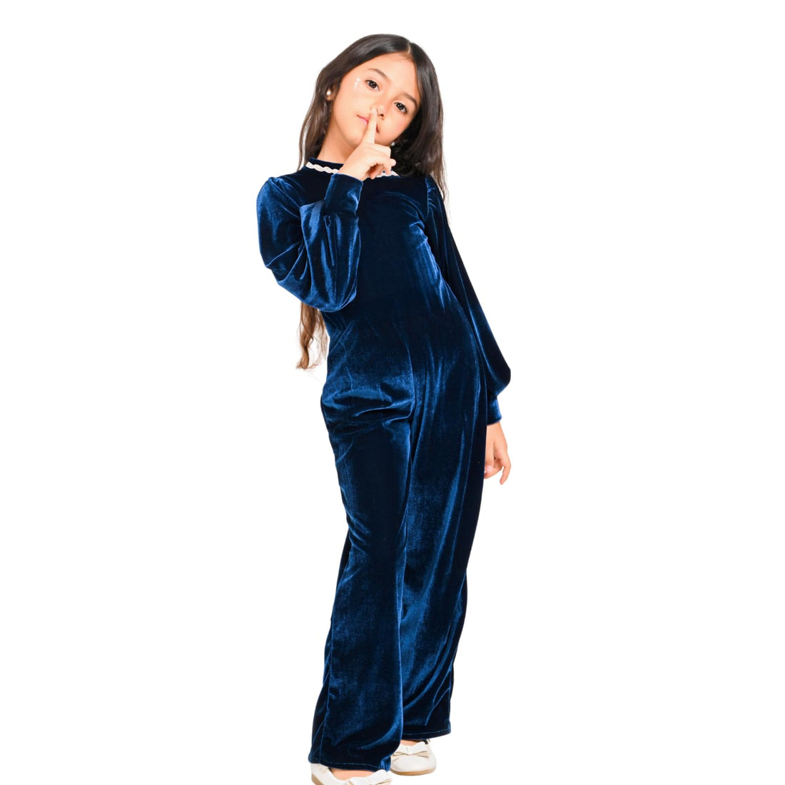 Girls Velvet Jumpsuit with Puff Sleeves and Pearl Collar Detail