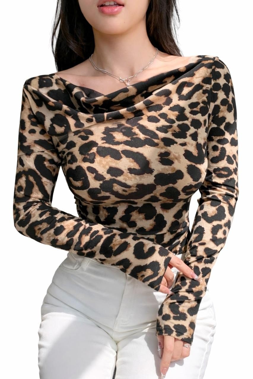 SHEIN-DAZY Women's Leopard Print Draped Neck Long Sleeve Slim Fit T-Shirt