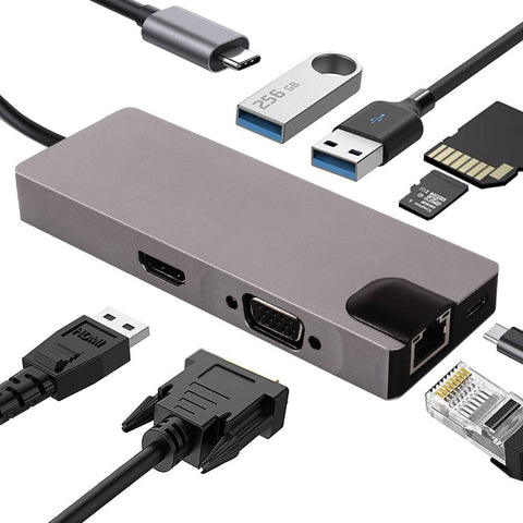 HAING 8 in 1 USB C Hub, Type C Hubs Adapter with 4K HDMI, 1080P VGA, 2 USB 3.0 Ports, Type C PD, Gigablit Ethernet, Compatible for MacBook pro,Dell,HP and More Type C Devices.