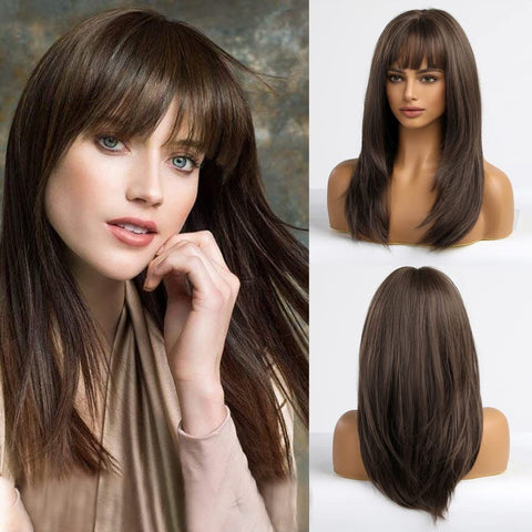 ECIF Straight Brown Wig With Bangs Long Layered Wigs For Women Medium Length Natural Brown Synthetic Wig For Daily Use