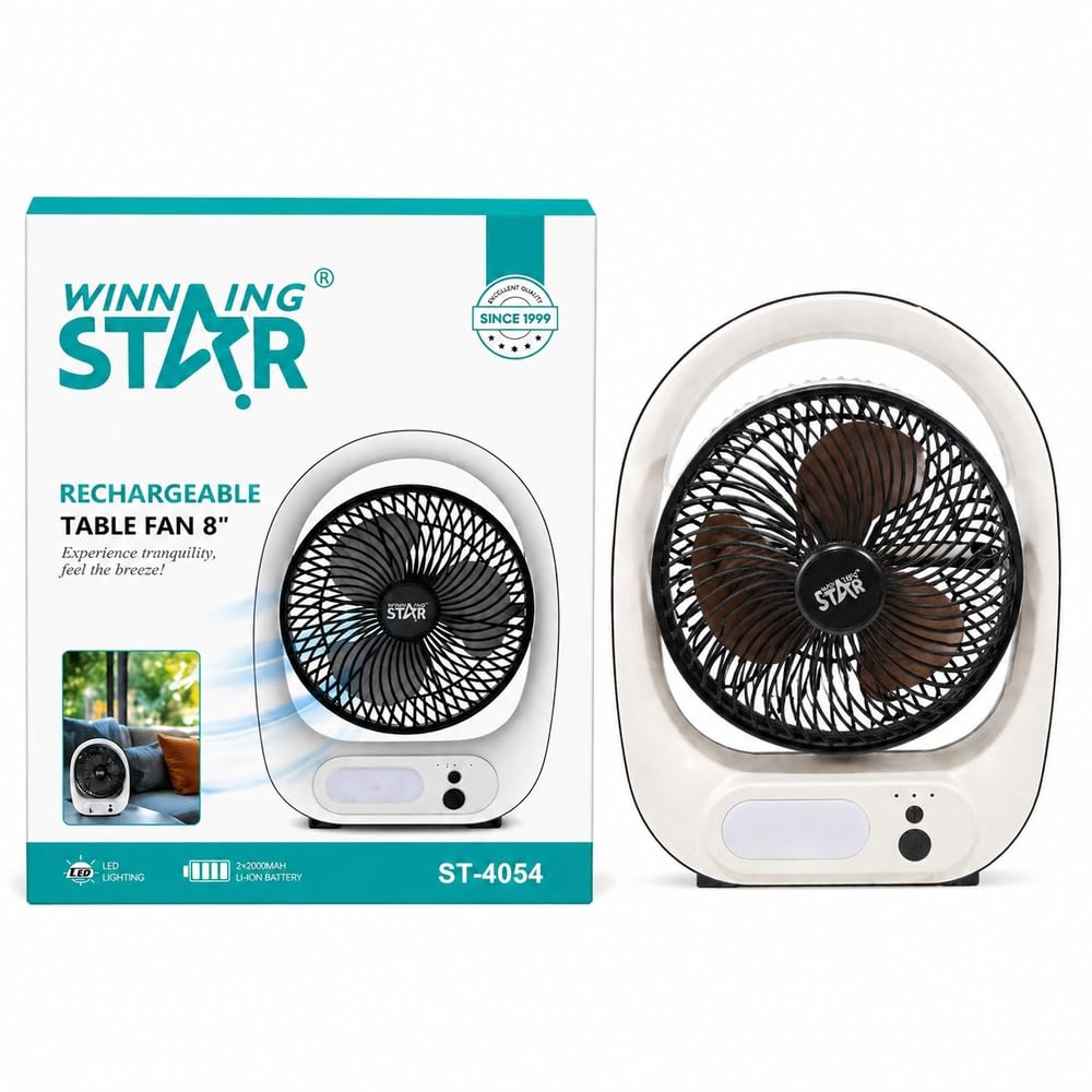 WINNING STAR ST-4054 USB Desktop Fan 8”,Rechargeable with LED Light & 3 Speeds - A1-576