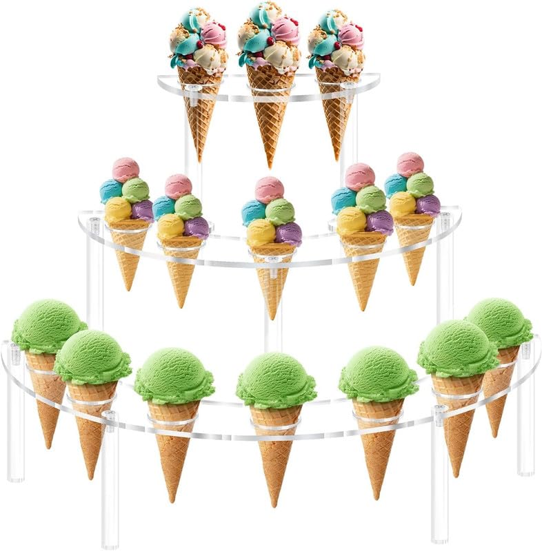 BEST MEDIA Ice Cream Cone Acrylic Holder Stand, Multi-Use Dessert & Snack Display for Parties, Weddings, Events - Clear - 15 holes - 3 Tier - Half Moon - 1 Pack