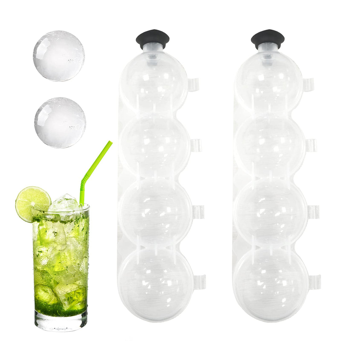 Ice Cubes, 2 Pieces Ice Ball Mould, 4 Cavity With Lid, Ice Ball Cube Maker For Whiskey, Cocktail, Juice