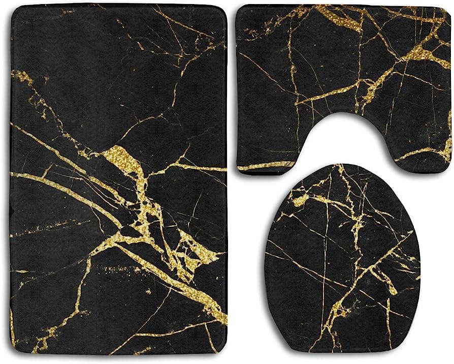 Marble Texture Bathroom 3-Piece Mat Sets Pedestal Mat+Lid Toilet Cover+Bath Mat Doormat Non-Slip Rug (Beige)