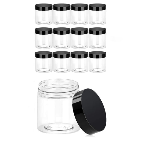 12 Pcs Clear Plastic Jars Round Cosmetic Jars with Black Plastic Lids 7cm Height 6cm Width for Lotion, Cream, Salve, Makeup, Eyeshadow, Sampler, Container, Storage