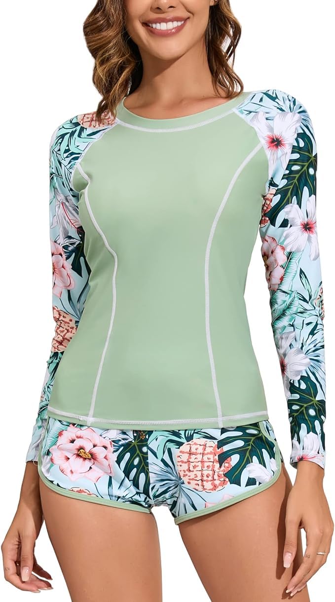 SHWODAY Women's Long Sleeves Rash Guard Athletic Swim Aztec Tankini Sets Swimsuit Mayo for Women Women's UPF 50+ Rash Guard Long Sleeve