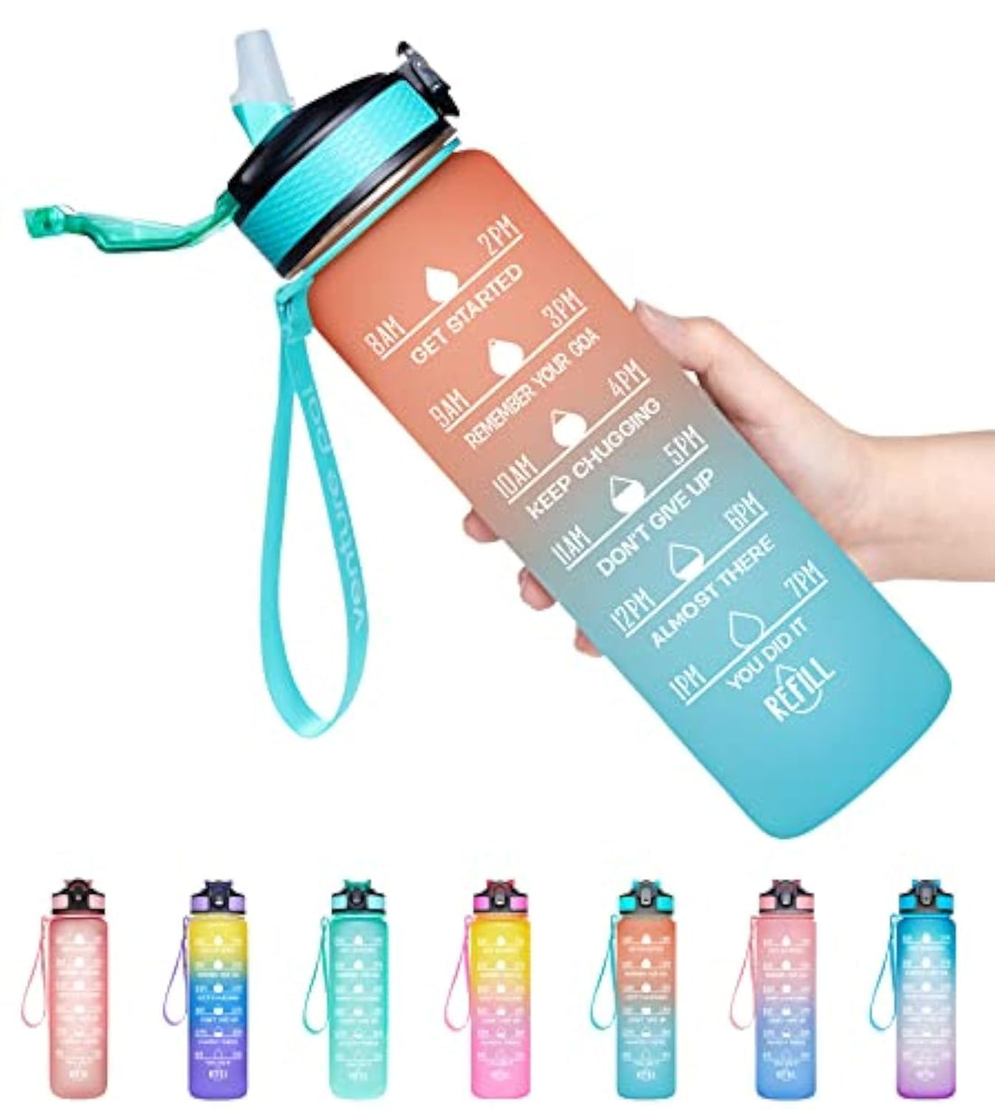 Motivational Fitness Sports Water Bottle with Time Marker & Straw, Green, 32oz