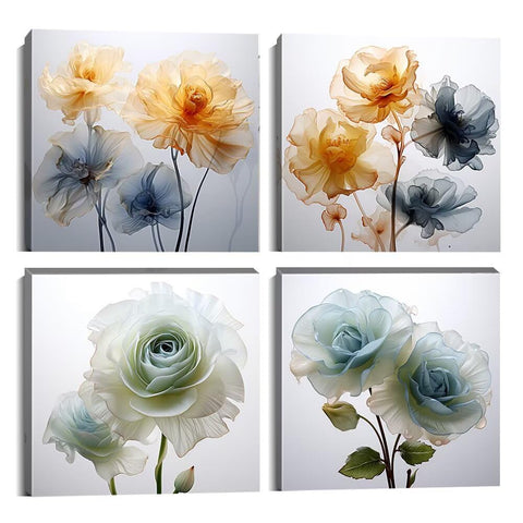 Flower Wall Art for Bathroom Bedroom Living Room Blue Orange Wall Decor Floral Painting Canvas Print Picture for Home Decorations Framed Artwork Ready to Hang (12x12inchx4)