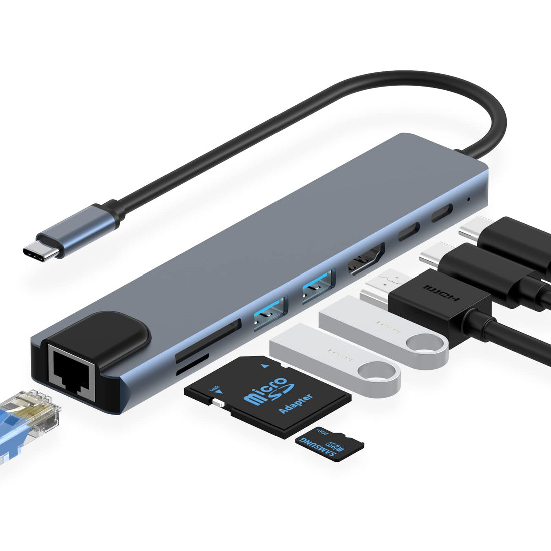 Azhizco USB C Hub Docking Station, 8 in 1 USB C Dongle with 4K@60Hz HDMI, RJ45 Ethernet, 100W PD, SD/TF Card Reader, 2USB Ports, USB Type C Hub for MacBook Pro Air M1 Dell XPS Nintendo Switch