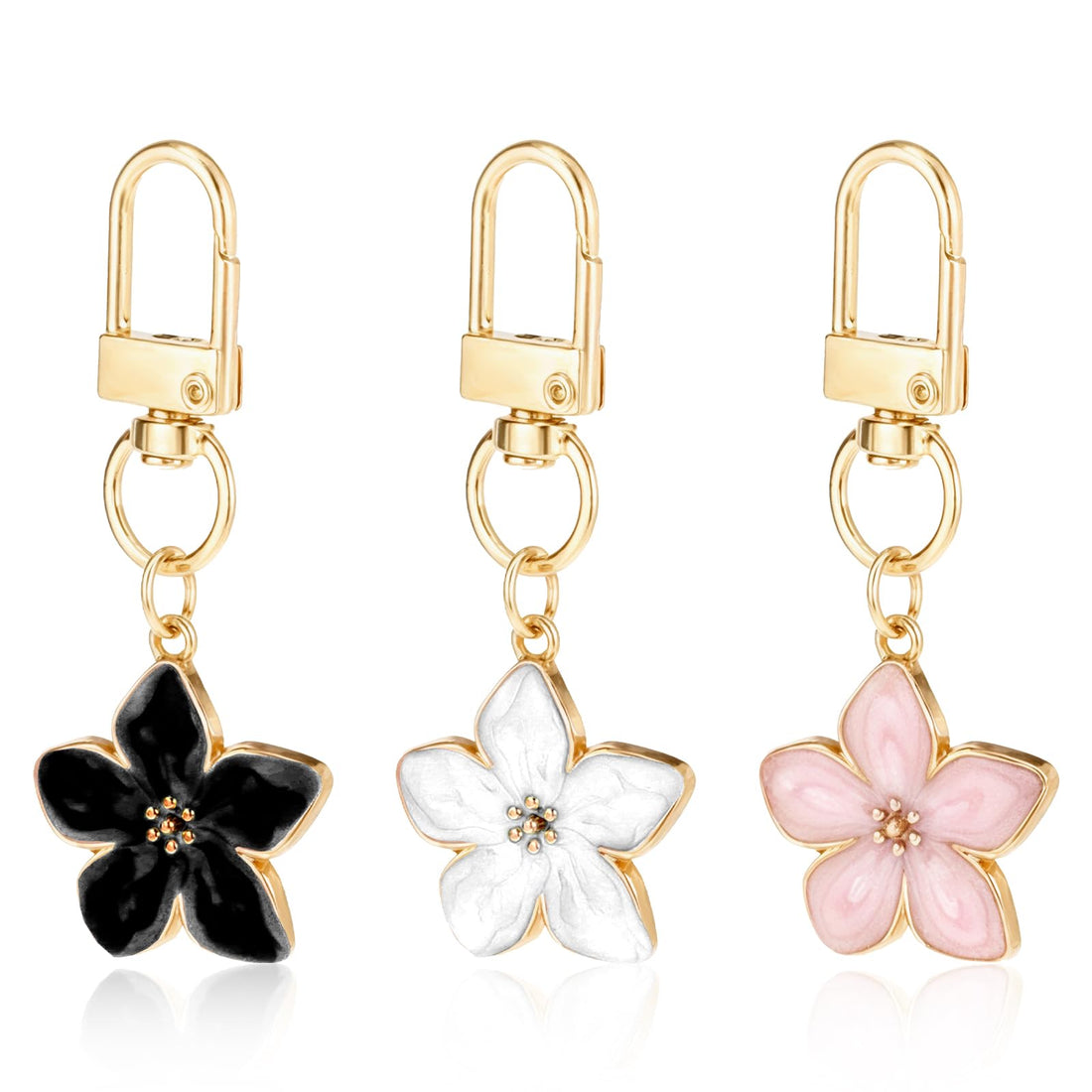 Mini Flower keychains for Women, 3Pcs Cute Handbag Key Chain, Aesthetic Keychain Charms, Personalized Key Ring, Cherry Blossom Zipper Pull Charm(Black, White, Pink)