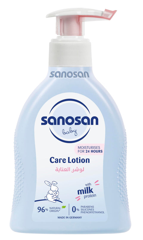 Sanosan Care Lotion 24h Soothes and Moisturizes with Panthenol and Chamomile 96% Natural Origin, Milk Protein Organic Olive Extract 200 ML Made in Germany