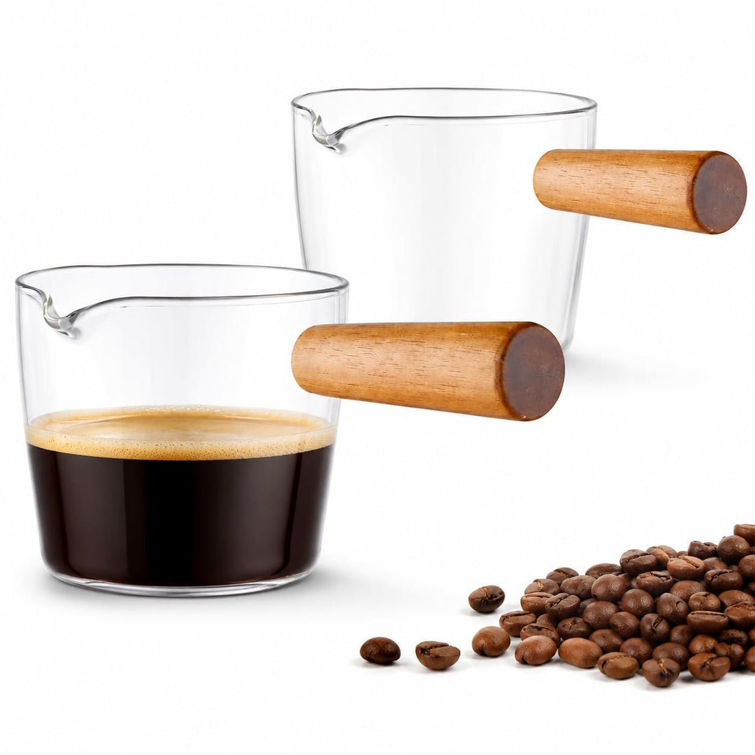 OVA Espresso Coffee Cups Set 50ml – High Borosilicate Glass Mini Espresso Cups with Wooden Handle, Transparent Heat-Resistant Coffee Shot Cups for Espresso, Milk, Sauce & Dessert Serving (2)
