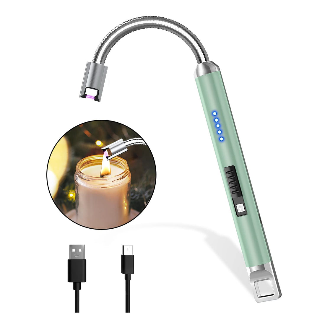 Rouclo Arc Lighter, USB Lighter, Rechargeable Electric Lighter, Stick Lighter, Windproof Flameless Candle Lighter, Electronic Lighter for Candles Lighting, Gas Stove, Kitchen (Green)