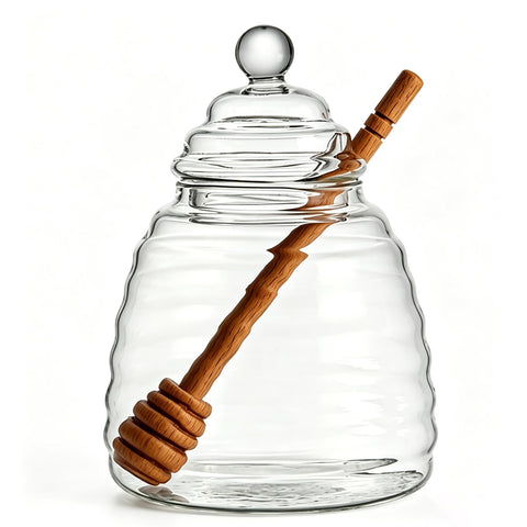 16.9 Oz Honey Pot with Dipper, Glass Honey Jar and Dipper Set, Honey Dispenser, Beehive Honey Pot for Store Honey and Syrup(wooden stick)