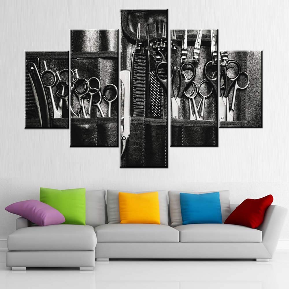 Barber Pictures for Living Room Haircut Tools Wall Art Hair Salon Painting Black and White Artwork Barbershop Poster Multi Panel Printed on Canvas Modern Home Decor Framed Ready to Hang(60''Wx 40''H)