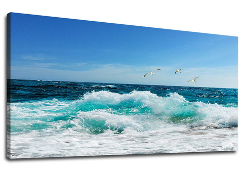 tigeridge Sea Beach Canvas Wall Art for Living Room Wall Decor Ocean Waves Canvas Pictures Blue Surfing Water Seagull Canvas Prints Artwork Office Home Wall Decorations Framed Ready to Hang 20" x 40"