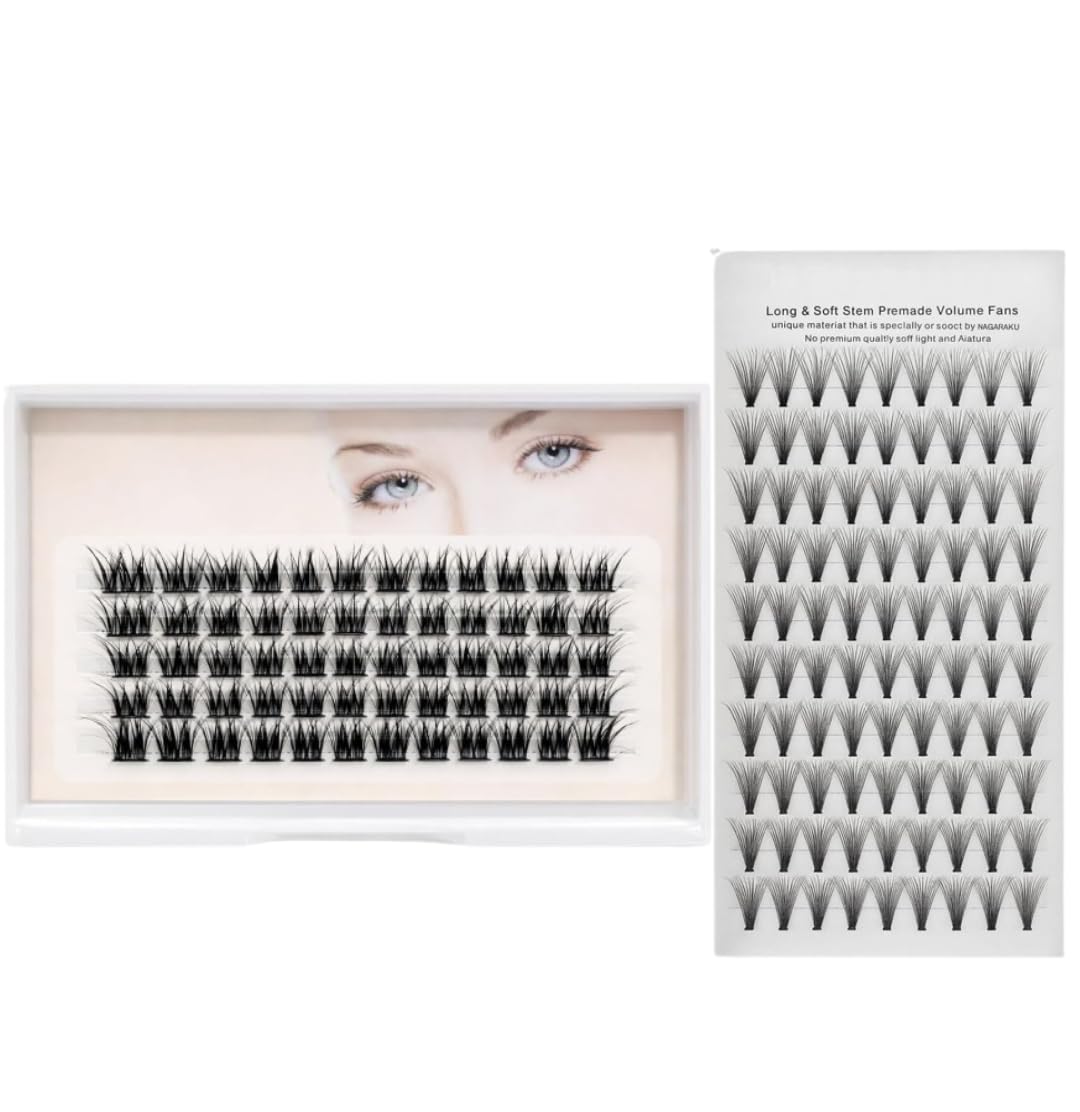 Individual Eyelash Extensions One by One Set LC 121 Classic Single Lashes & 14D 9mm Premade Volume Fans, Soft Lightweight Natural to Fuller Look Lash Extensions for Salon and Home Use