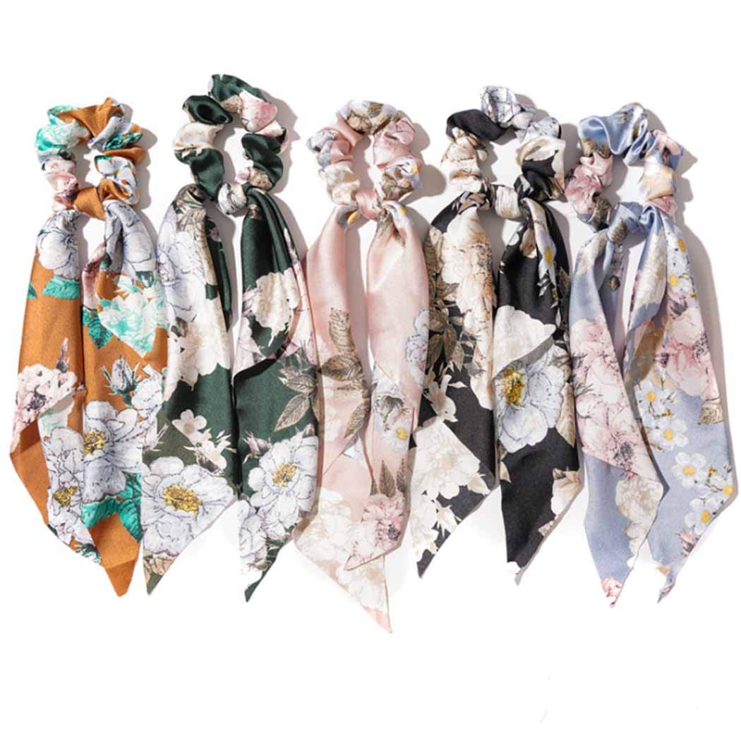 Bow Detachable Hair Scarf Scrunchies Flower Chiffon Elastic Scrunchy Hair Ties Satin Ponytail Bowknot Scrunchies Vintage Hair Accessories for Women 5 Pcs