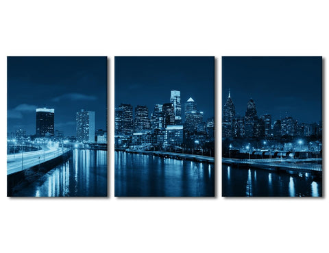 Black and White Wall Decor Night Scape of The Philadelphia Paintings City Skyline in Pennsylvania Wall Art Urban Cityscape Artwork 3 Piece Prints on Canvas House Decor Ready to Hang, 48" Wx24" H
