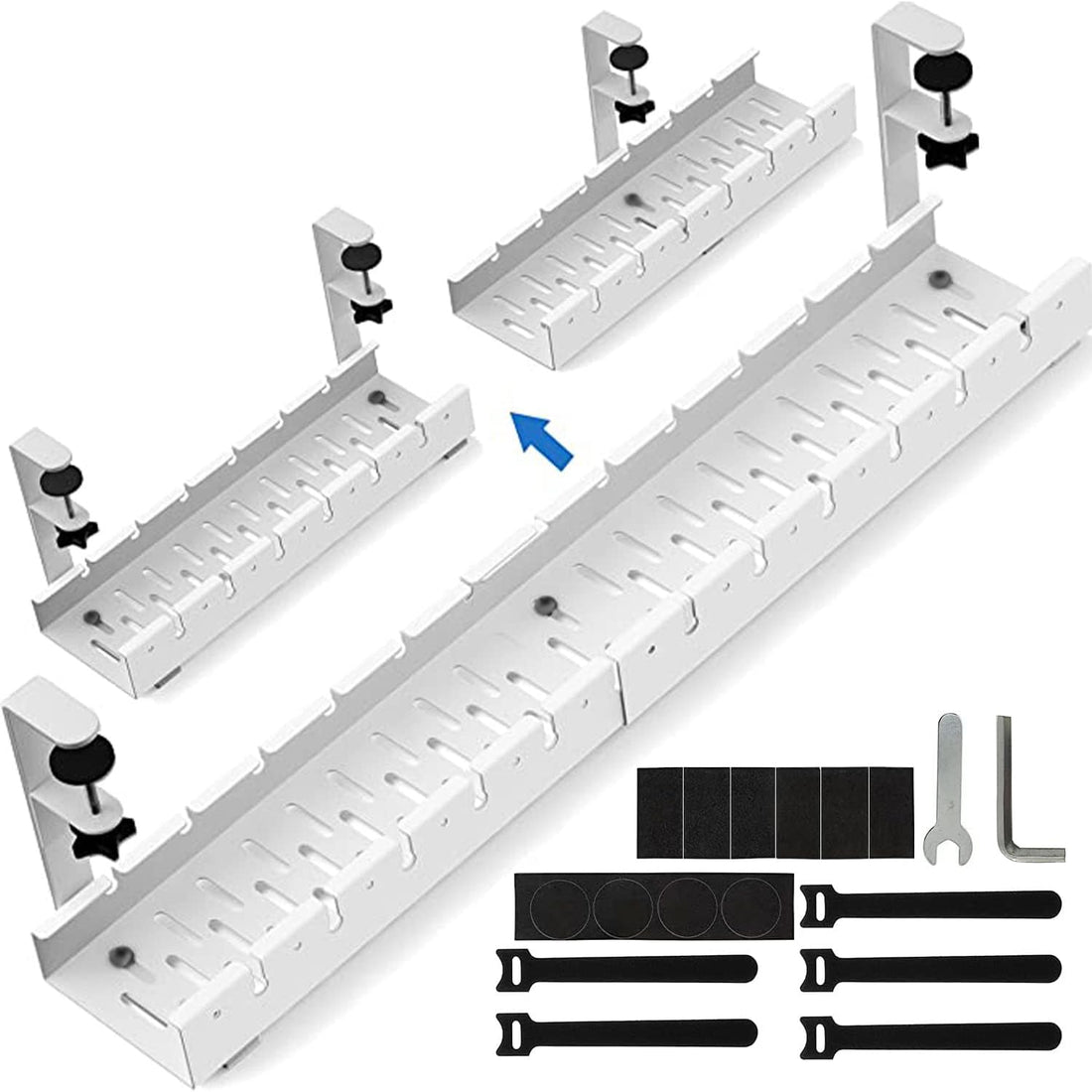 Necomi No Drill Under Desk Cable Management Tray, 21.7" Retractable Clamp Mounted Desk Cable Cord Organizer for Wire Management, Sturdy Metal Cable Tray Basket for Home Office (White)