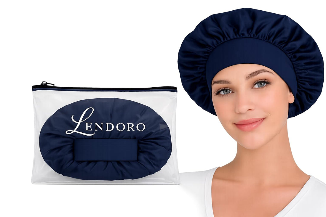 LENDORO Satin Bonnet for Hair, Silky Fabric, Wide Stretchy Band, Protects from Frizz, Breakage and Tangles, Navy