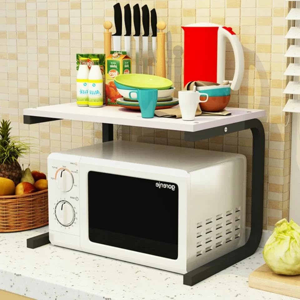 Spice Rack - Durable metallic shelving system for integrating microwave, condiments, and cooking accessories, improving overall kitchen organization with efficient compact storage method