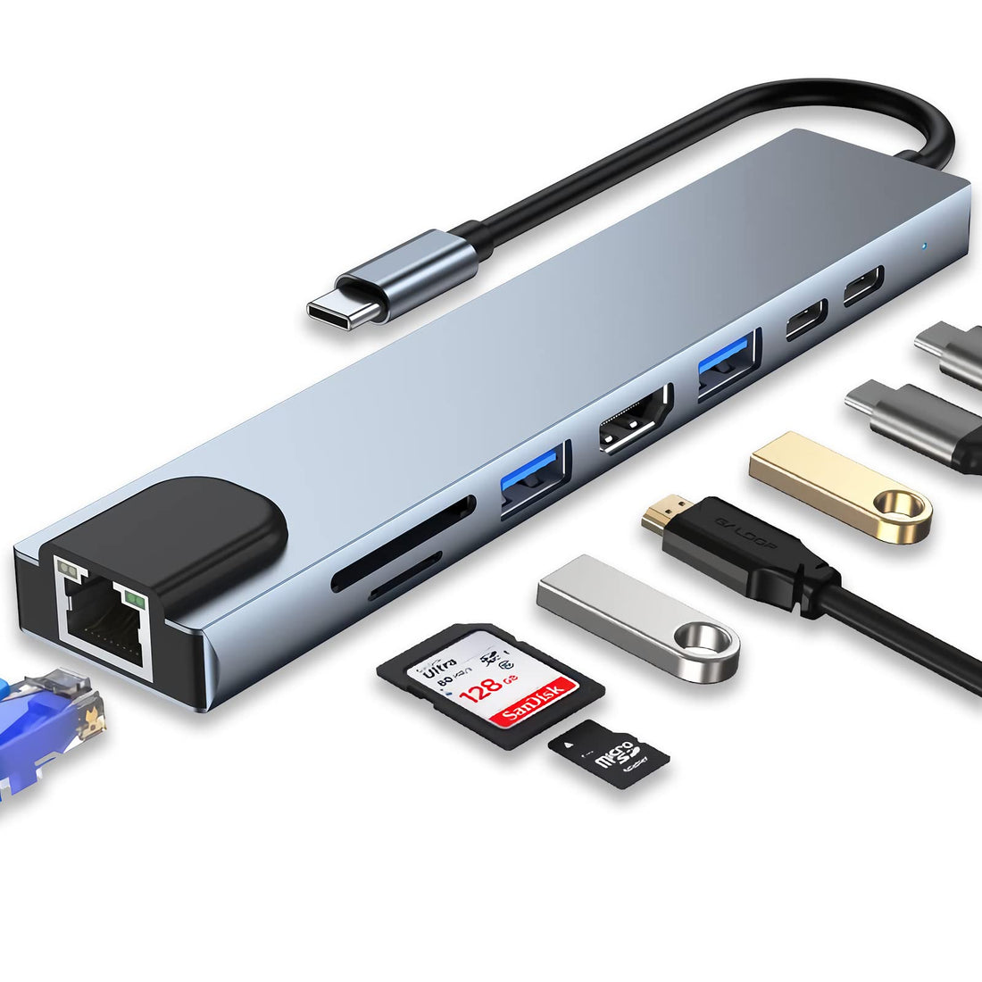 8-in-1 USB-C Adapter, 4K HDMI, 100W PD, USB 3.0, RJ45 Ethernet, SD/TF Card Reader, Compatible with MacBook Pro/Air, Chromebook and Other Type-C Devices