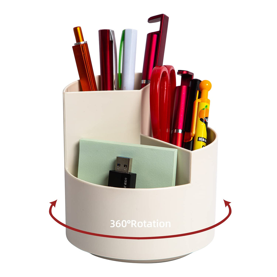 Desk Pencil Pen Holder, 3 Slots 360-Degree Spinning Pencil Pen Desk Organizers, Desktop Storage Pen Organizers Stationery Supplies, Cute Pencil Cup Pot for Office, School, Art Supply, Kids - White