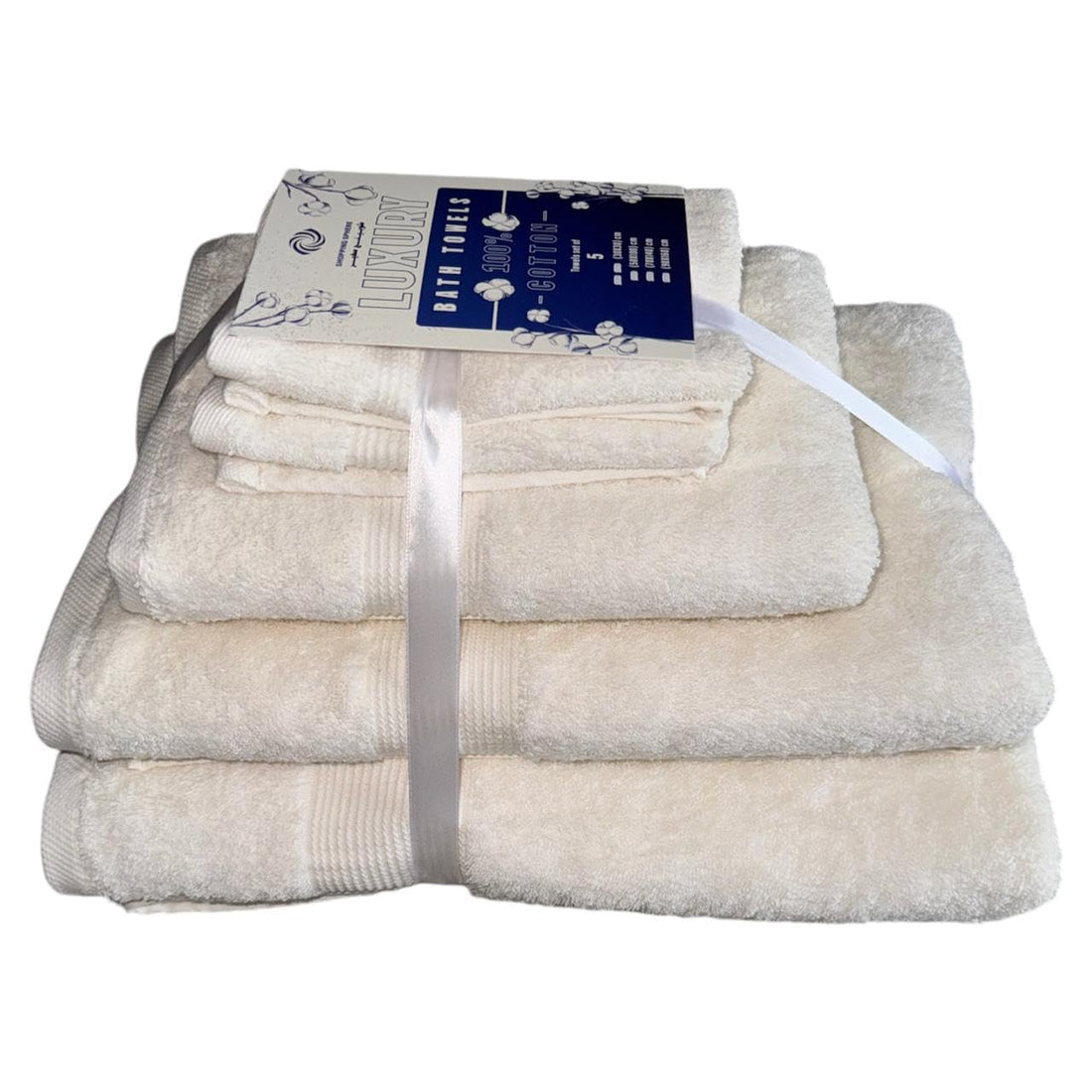 Jacquardina Luxury Set of 5 Cotton Towels: 2 Face (30X30cm), 1 Hand (50X100cm), 1 Bath (70X140cm), 1 Bath Sheet (90X160cm) - Off White