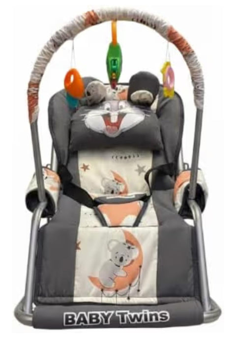 Baby Rocker with Safety Belt and Toy Set, Grey, Random Printed Shape, Metal, Standard Size, Adjustable Canop