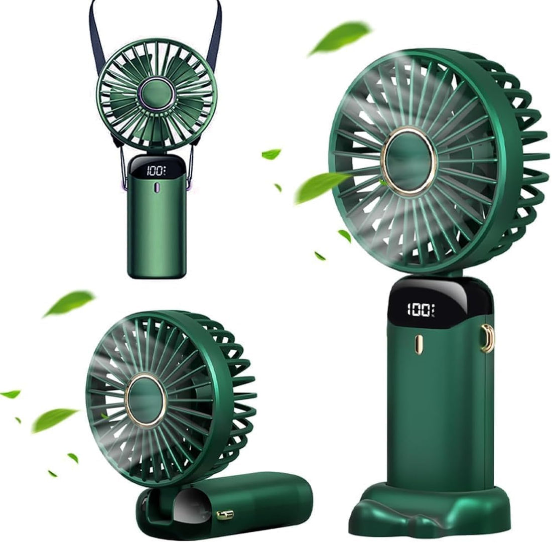 KRCIQMV Portable Handheld Fan,Mini Personal Foldable Hand Fan,5000mAh USB Rechargeable, 5 Adjustable Speeds Desk Table Fan with Lanyard and LED Power indicator (Green)