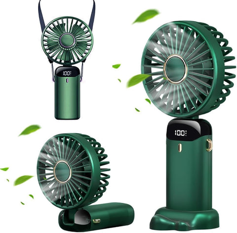 KRCIQMV Portable Handheld Fan,Mini Personal Foldable Hand Fan,5000mAh USB Rechargeable, 5 Adjustable Speeds Desk Table Fan with Lanyard and LED Power indicator (Green)
