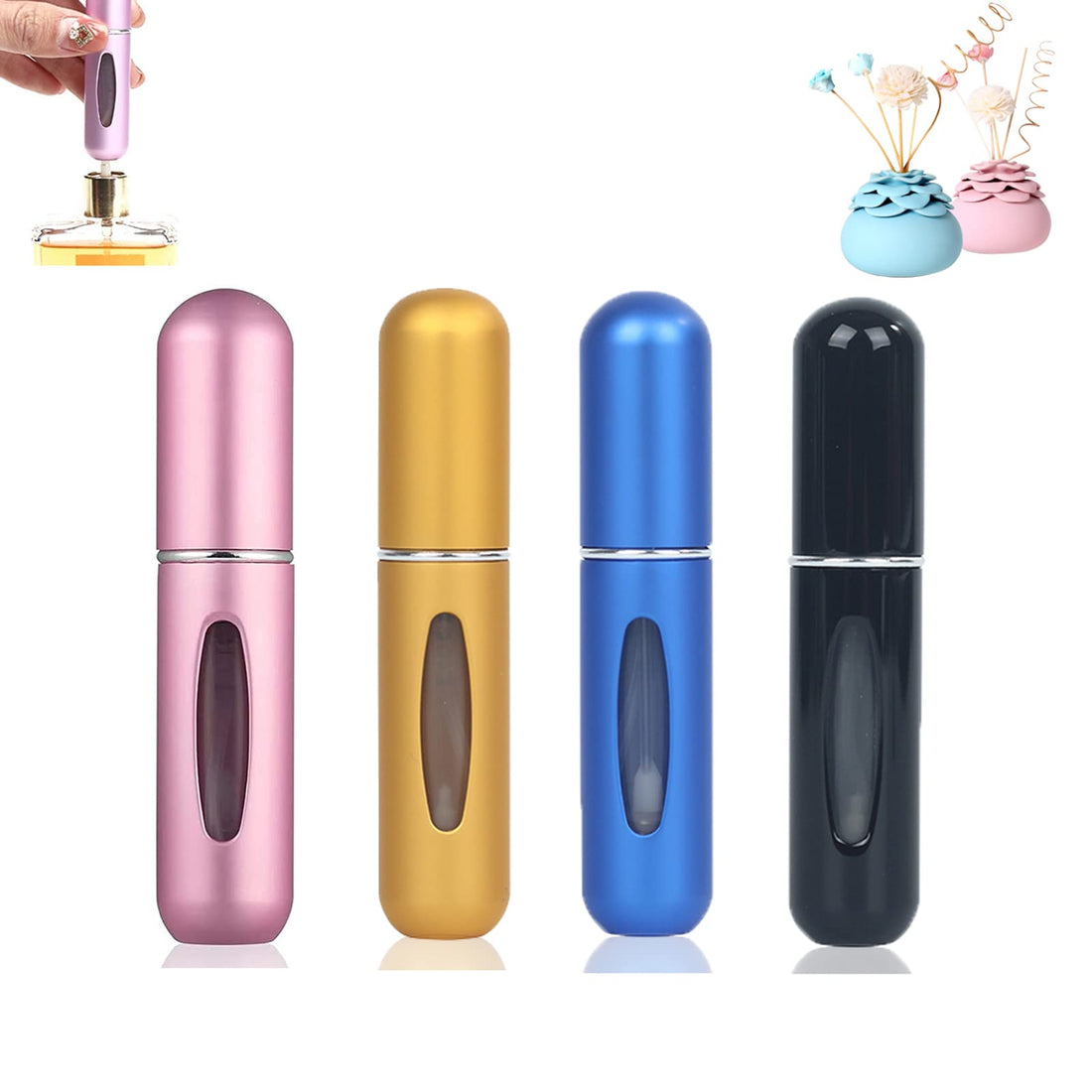 HELOVGE 5 ml Mini Perfume Atomiser, Pocket Atomiser, 4 Pieces, Refillable Empty Travel Perfume Atomiser, Mini Portable Spray Bottle with Window for Flight Travel
