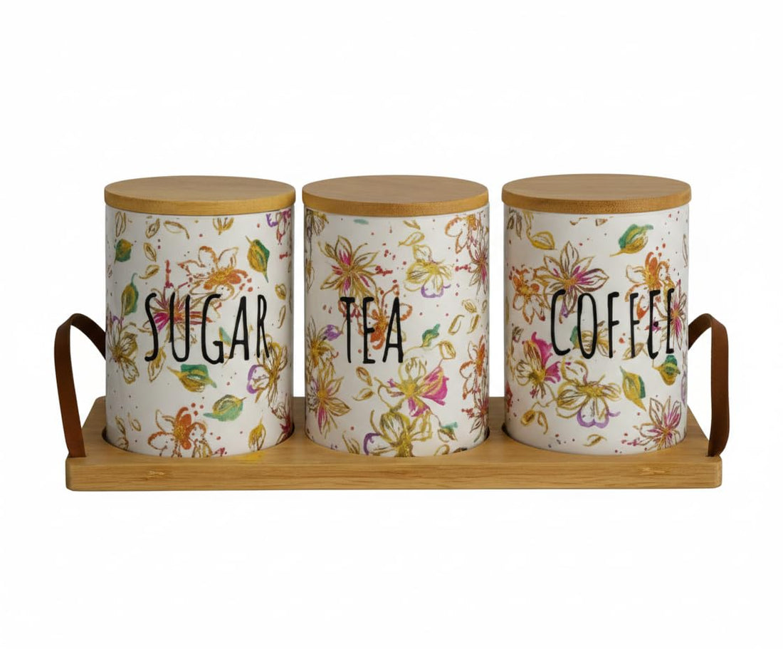 Home Care TT-1534 3-Piece Porcelain Tea/Sugar/Coffee Set Sleek Kitchen Organization, Pack of 1 - White Porcelain