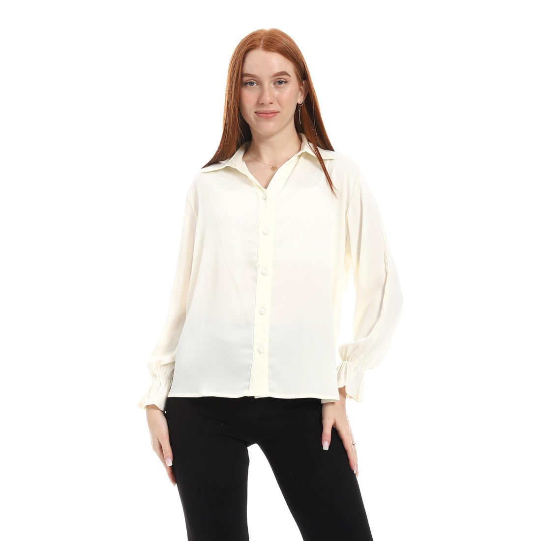 Women's Satin Blouse, Long Puff Sleeves, Button-Down, Collared, Relaxed Fit