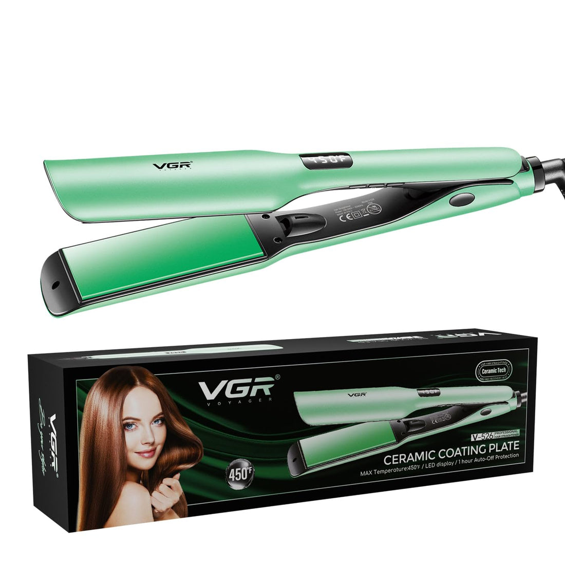 VGR V-526 Professional Hair Straightener for Women | Ceramic Coated Plates, LED Display, 210–450°F, Fast Heating, 1Hr Auto-Off, 360° Swivel Cord | Negative Ion Technology Salon Hair Care Tool (Green)