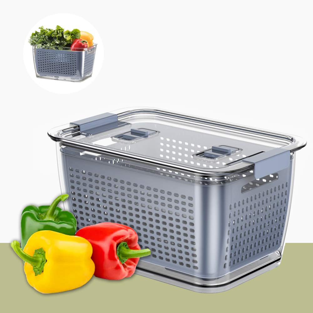 Fresh Produce Saver Veggie Fruit Storage Containers for Refrigerator, Fridge Food Storage Containers, Organizer Bins, Draining Crisper with Strainers (4.5L)
