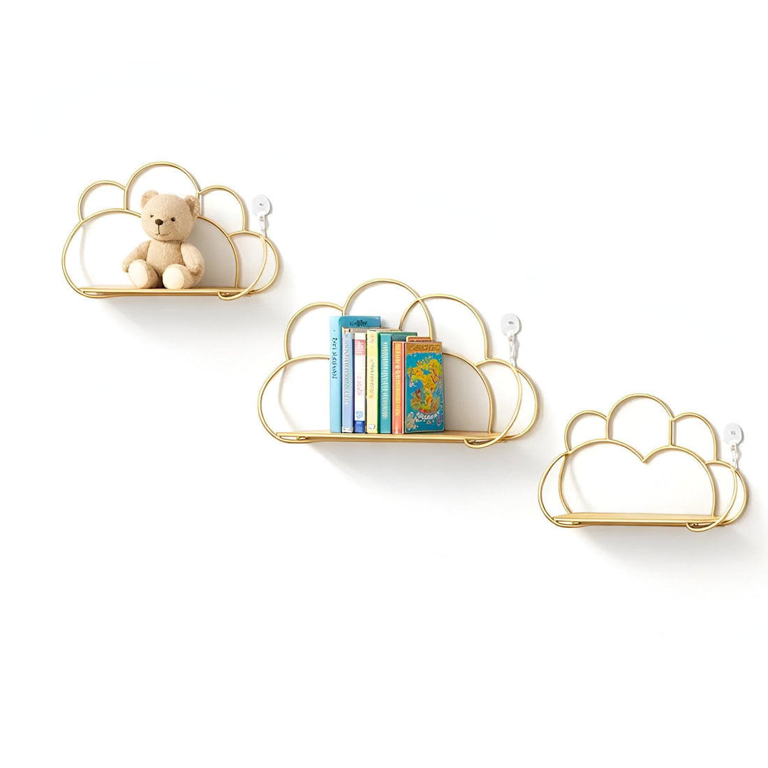Floating Cloud Shelf - Golden LED-lit wall-mounted shelf with metallic gold wire and wooden base, perfect for bedroom, living room, or home decor set of three