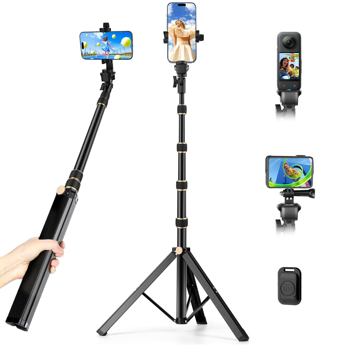170cm Tripod for iPhone, Extendable Phone Tripod with Remote and 360° Rotation Phone Holder, Aluminum & Sturdy Selfie Stick Tripod with Wider Legs and Thicker Tube, Unique Gold Knobs Lock
