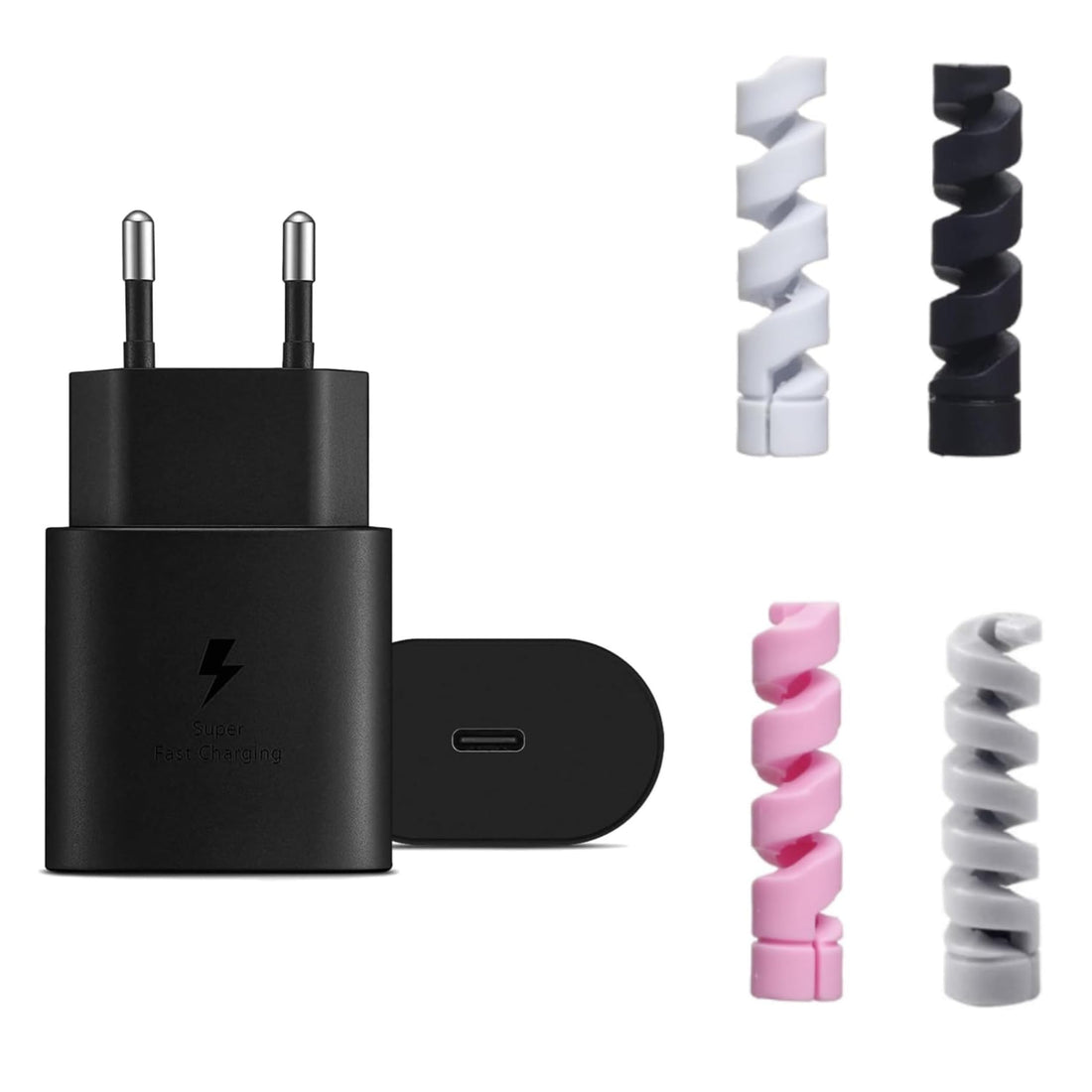 Samsung USB-C Power Adapter EU Wall Charger Fast Charging 25W (Black) With Spiral Charger Cable Protectors (4 Pieces)