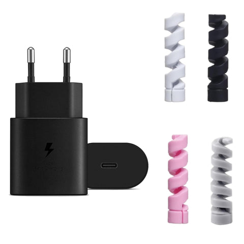 Samsung USB-C Power Adapter EU Wall Charger Fast Charging 25W (Black) With Spiral Charger Cable Protectors (4 Pieces)