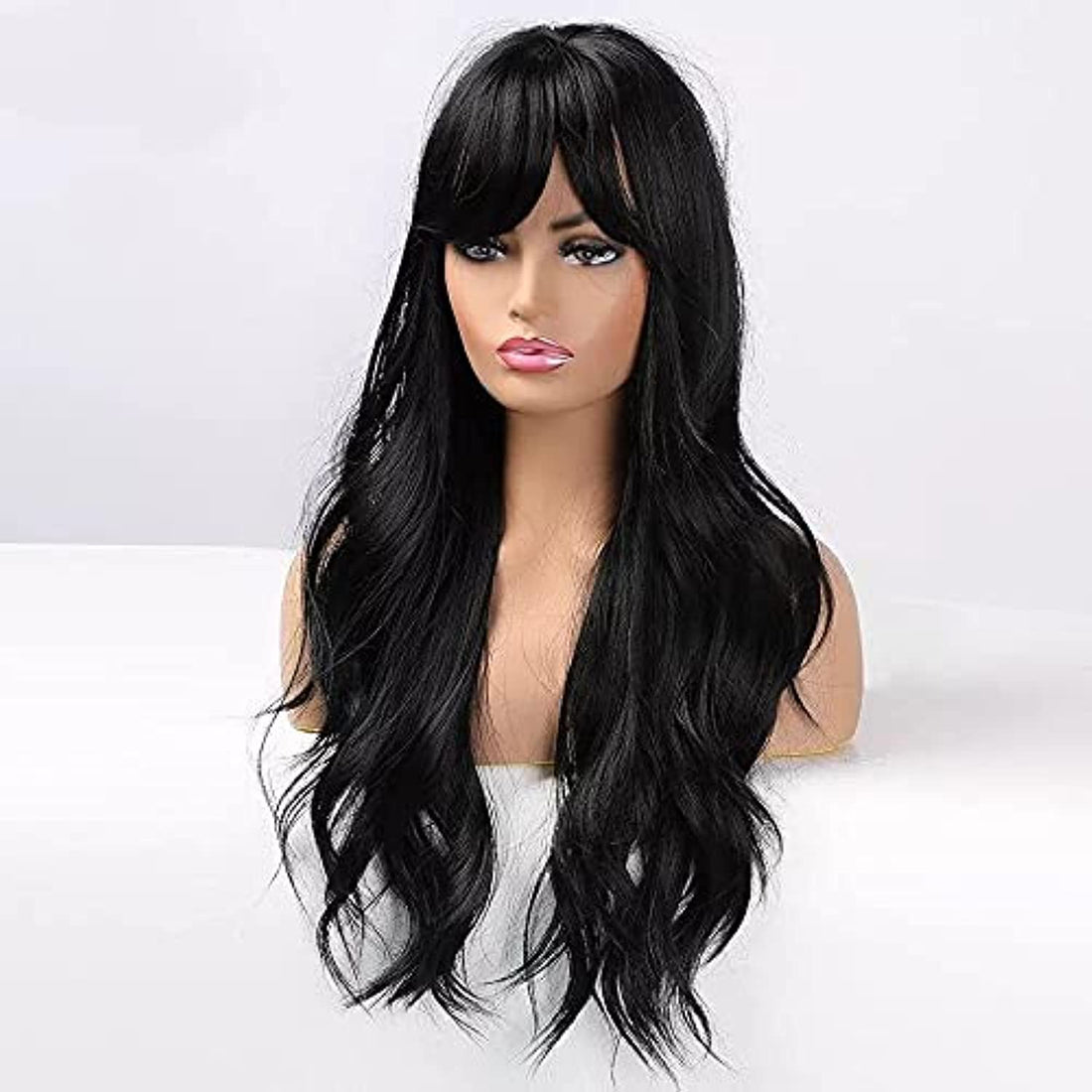 Medium black wig synthetic hair with bangs