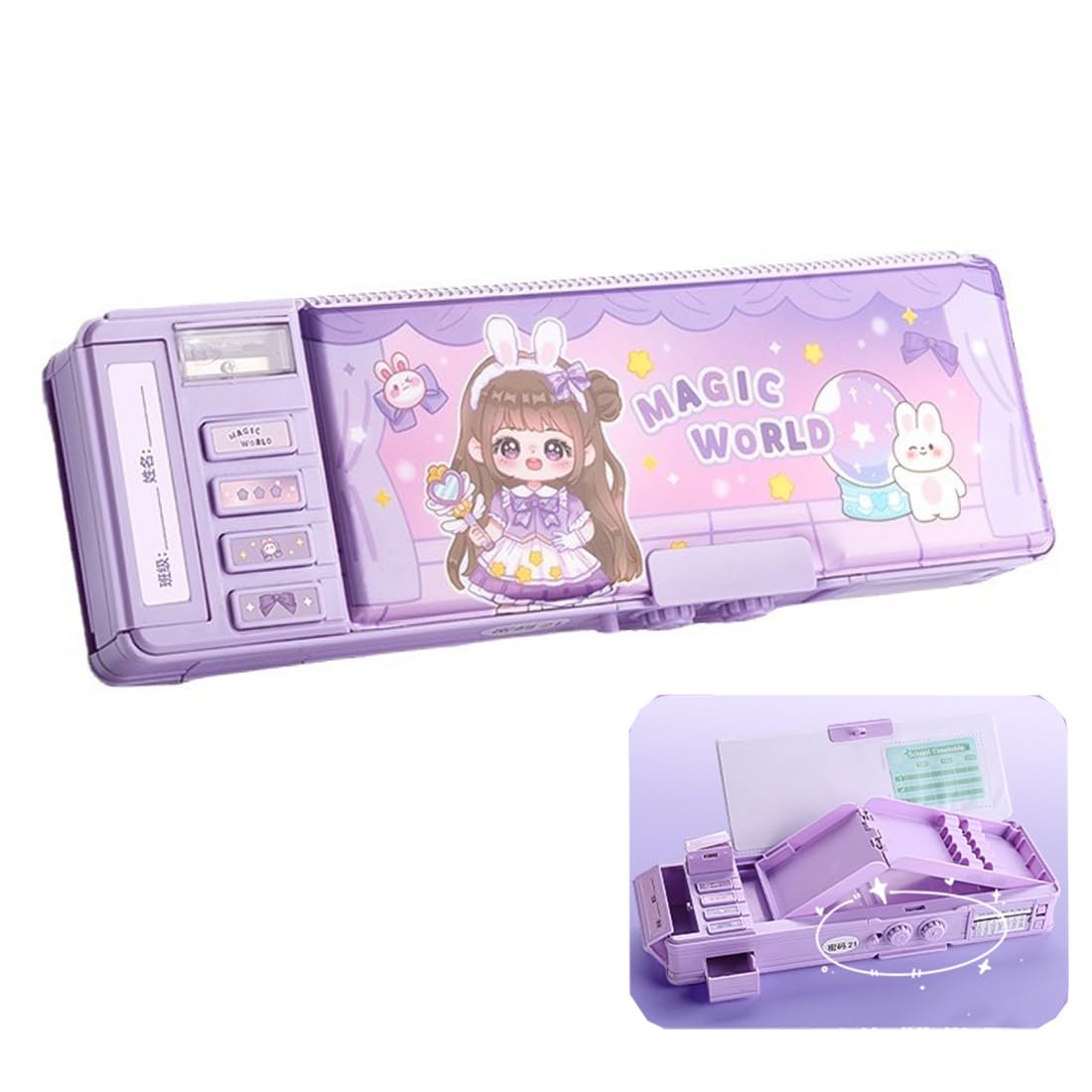 Pop Up Multifunction Pencil Case for Girls, Cute Cartoon Pen Box Organizer Stationery with Lock, Sharpener, Schedule, Whiteboard, School Supplies, Best Gifts for Kids Teens, Purple, 9.6*3.5*1.4 in
