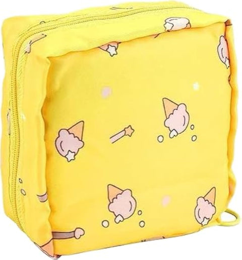 Downtown Multi-Functional Mini Travel Makeup Bag, Yellow Print Cosmetic and Sanitary Napkin Storage Bag, Compact Reusable Fabric Pouch for Organizing Small Toiletry and Hygiene Items
